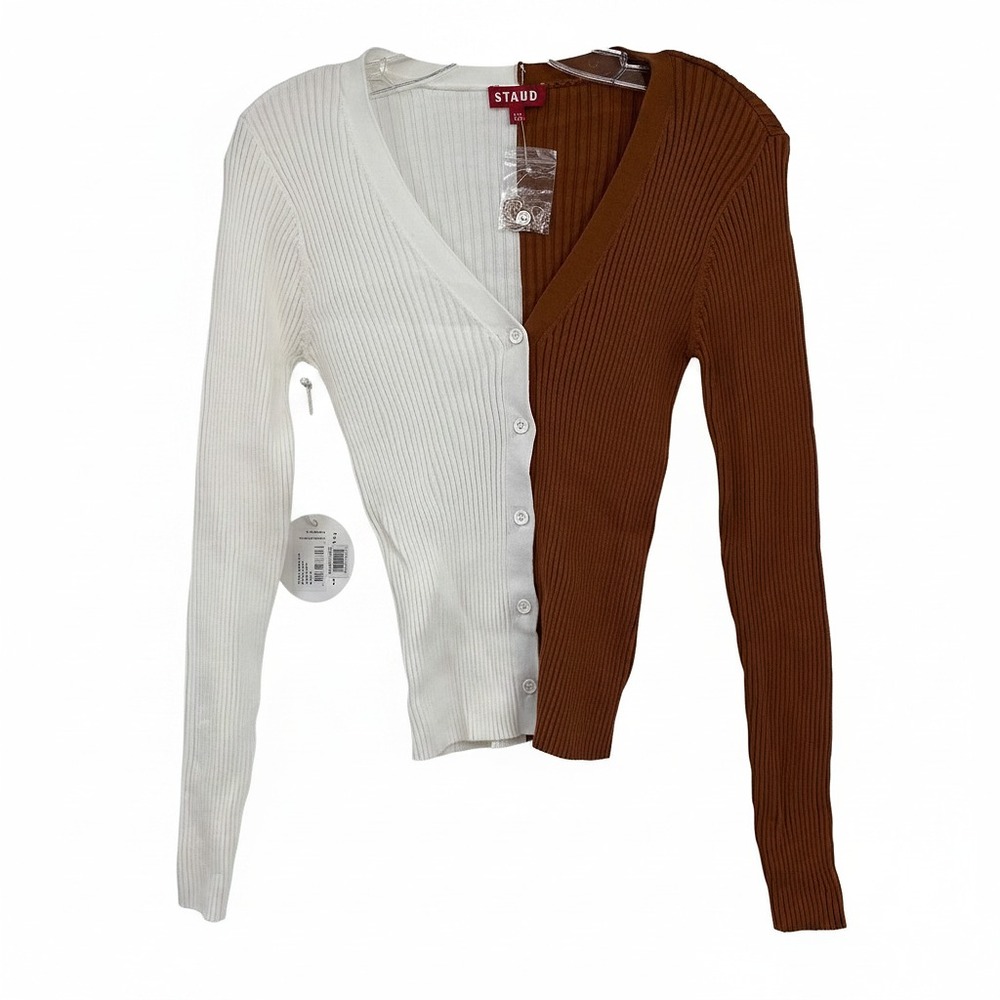 STAUD White Brown Cargo Ribbed Colorblock Cardigan | XS Regular